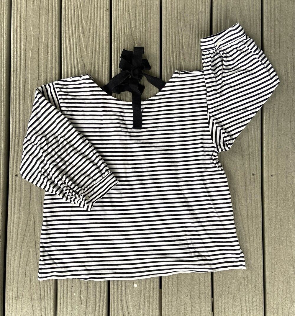 J.Crew Women’s Large Black White Striped Cotton Tie Back Puff Sleeve Top